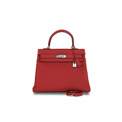 HERMÈS KELLY 25 ROUGE GRENAT VERSO TOGO PALLADIUM HARDWARE (25*17*7cm) 